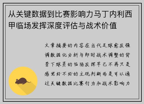 从关键数据到比赛影响力马丁内利西甲临场发挥深度评估与战术价值