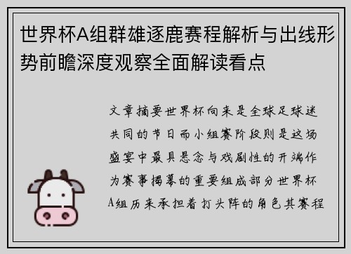 世界杯A组群雄逐鹿赛程解析与出线形势前瞻深度观察全面解读看点